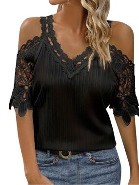 V Neck Cold Shoulder Top - Lace Cutout Short Sleeve Shirt